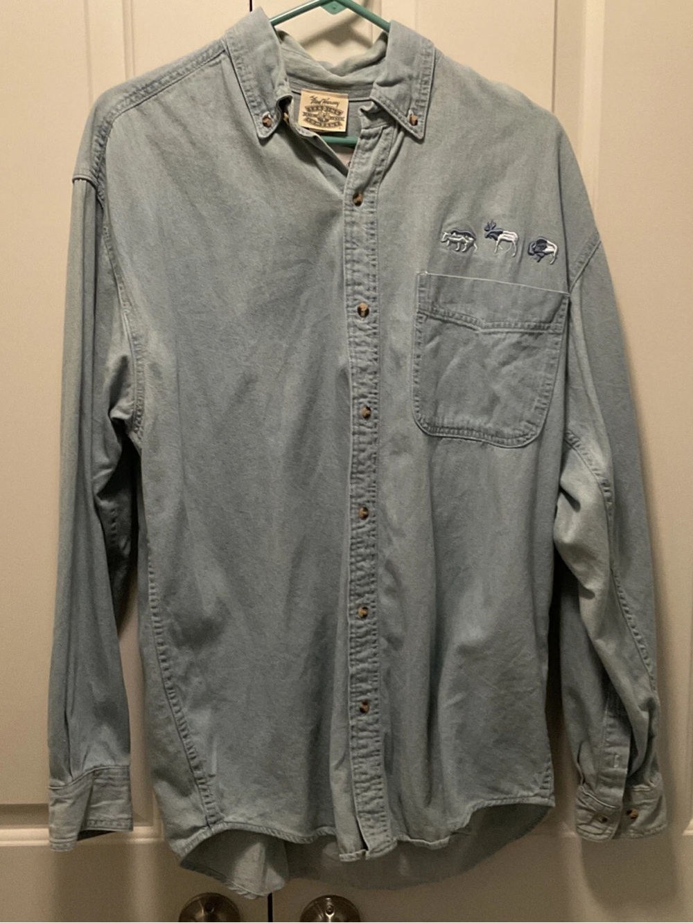 Vintage Mens Fred Harvey Trading Company Embroidered Yellowstone Cotton Shirt L